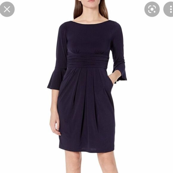 Eliza J Dress Navy Sheath Pleated Ruched Waist and Flounce Sleeve Size 6 - Picture 1 of 10